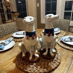 Elegant White Ceramic Dog Statues with Blue and Brown Accents